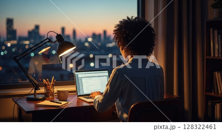 Person working at night in cozy home office, back view Person working at night in cozy home office, back view 128322461