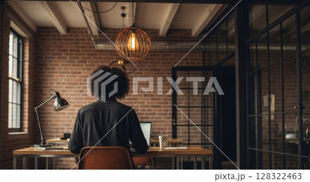 Person working in industrial loft office, back view 128322463