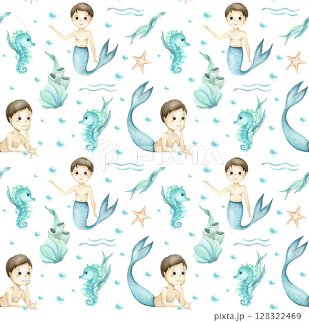 Mermaid boys watercolor character, seahorse children's illustration seamless pattern. Sea style, plants, bubbles, waves and stars isolated on white background. Kids design for packaging, stationary 128322469