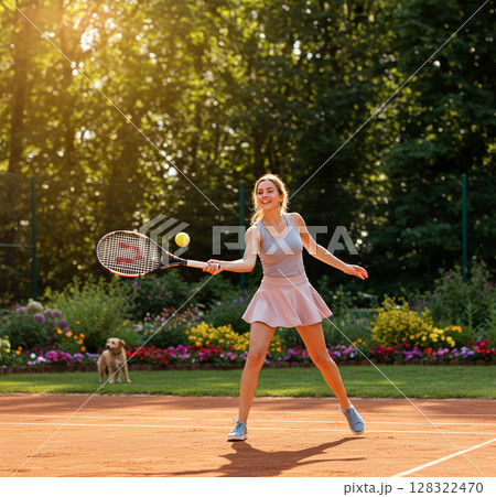 テニスコートでボールを打つ女性のダイナミックな瞬間 128322470