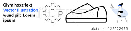 Gear icon, shoe outline, and person pointing, accompanied by random text. Ideal for technology, design, footwear, education, presentations, marketing creativity Landing page 128322476