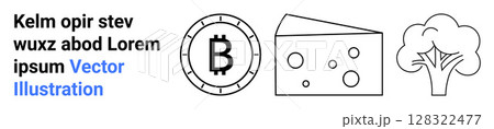 Bitcoin symbol in a coin, triangular Swiss cheese piece, and abstract tree. Ideal for finance, food industry, sustainability, minimalism, vector graphics, web design, and education materials. Landing Bitcoin symbol in a coin, triangular Swiss cheese piece, and abstract tree. Ideal for finance, food industry, sustainability, minimalism, vector graphics, web design, and education materials. Landing 128322477