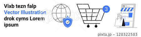 Globe with a shield, shopping cart with notification, and storefront with a shopping bag. Ideal for e-commerce, online security, internet shopping, digital marketing, retail strategies, consumer Globe with a shield, shopping cart with notification, and storefront with a shopping bag. Ideal for e-commerce, online security, internet shopping, digital marketing, retail strategies, consumer 128322583