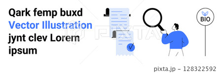 Documents with checkmarks, man holding magnifying glass, and BIO sign suggest business analysis, verification, and sustainability. Ideal for corporate presentations, reports, websites, educational 128322592