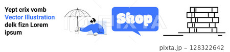 Person holding an umbrella, speech bubble with the word Shop, and stack of books. Ideal for online shopping, e-commerce, digital marketing, business promotions, technology websites. Banner Person holding an umbrella, speech bubble with the word Shop, and stack of books. Ideal for online shopping, e-commerce, digital marketing, business promotions, technology websites. Banner 128322642