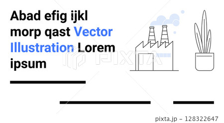 Factory with smoke stacks emitting blue smoke, potted plant, and placeholder text. Ideal for industrial, technology, environmental, editorial, websites, infographics, presentations. Landing page Factory with smoke stacks emitting blue smoke, potted plant, and placeholder text. Ideal for industrial, technology, environmental, editorial, websites, infographics, presentations. Landing page 128322647