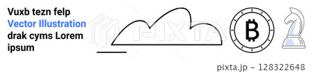 Black cloud outline, Bitcoin coin symbol, grey knight chess piece, and sample text in black and blue. Ideal for technology, finance, blockchain, gaming, cloud computing, digital platforms, education Black cloud outline, Bitcoin coin symbol, grey knight chess piece, and sample text in black and blue. Ideal for technology, finance, blockchain, gaming, cloud computing, digital platforms, education 128322648