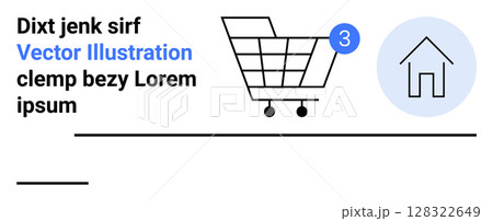 Shopping cart with three-item notification, house symbol in blue circle, placeholder text. Ideal for E-commerce, online shopping, notifications, user interface, website design, vector graphics 128322649