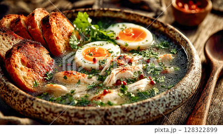 A hearty bowl of clear chicken soup topped with soft-boiled eggs, herbs, and roasted bread, presented in a rustic, appetizing setting 128322899