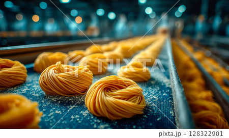 Fresh pasta nests on a production line, dusted with flour, under warm industrial lighting in a factory setting 128322901