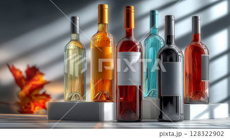 Colorful glass bottles with blank labels standing in sunlight, showcasing vibrant transparency and summer tones Colorful glass bottles with blank labels standing in sunlight, showcasing vibrant transparency and summer tones 128322902