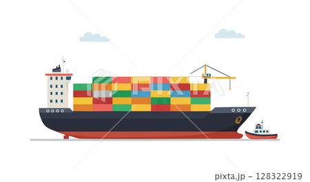 Cargo container ship with tugboat transporting multicolored shipping containers vector illustration Cargo container ship with tugboat transporting multicolored shipping containers vector illustration 128322919