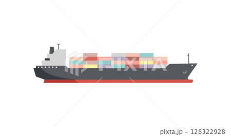Cargo container ship transporting multicolored freight in calm waters vector illustration Cargo container ship transporting multicolored freight in calm waters vector illustration 128322928