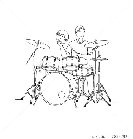 Drummer playing drum set with cymbals holding a drumstick vector illustration black and white line art 128322929