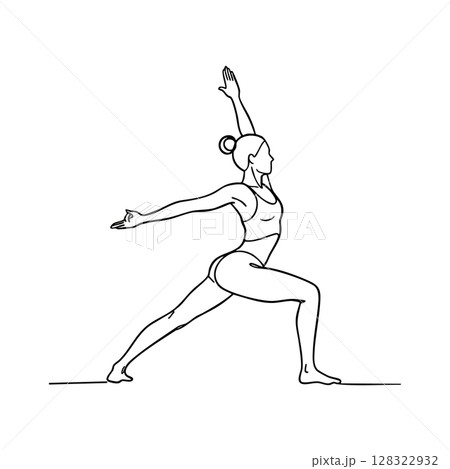 Woman performing yoga warrior pose line art vector illustration in minimal style Woman performing yoga warrior pose line art vector illustration in minimal style 128322932