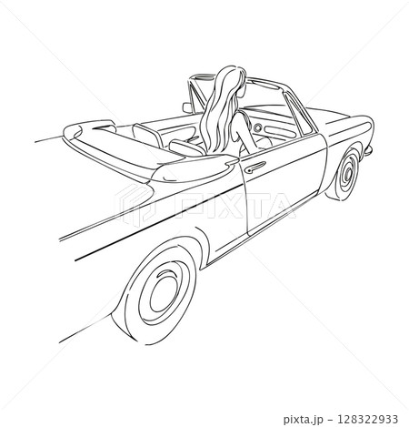 Woman driving convertible car line art vector illustration in black and white style Woman driving convertible car line art vector illustration in black and white style 128322933