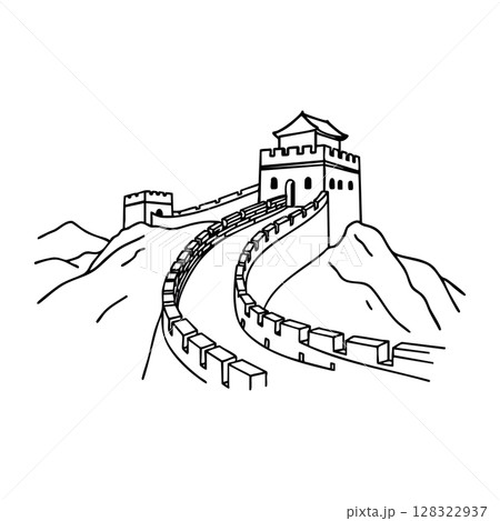 Great Wall of China historic landmark winding over mountain ridges vector illustration 128322937