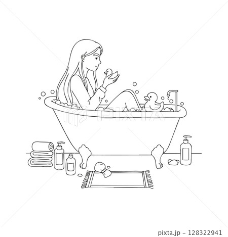 Woman Relaxing in Bathtub with Rubber Ducks and Bath Accessories Vector Illustration Woman Relaxing in Bathtub with Rubber Ducks and Bath Accessories Vector Illustration 128322941
