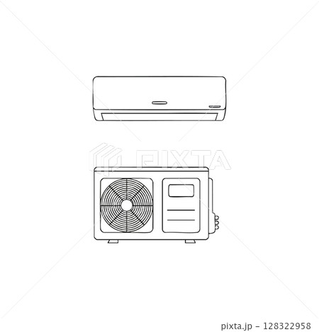Air Conditioner Split System Indoor and Outdoor Units Line Art Vector Illustration 128322958