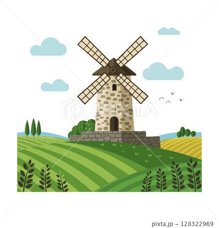 Traditional stone windmill on green field landscape with cloudy sky vector illustration Traditional stone windmill on green field landscape with cloudy sky vector illustration 128322969