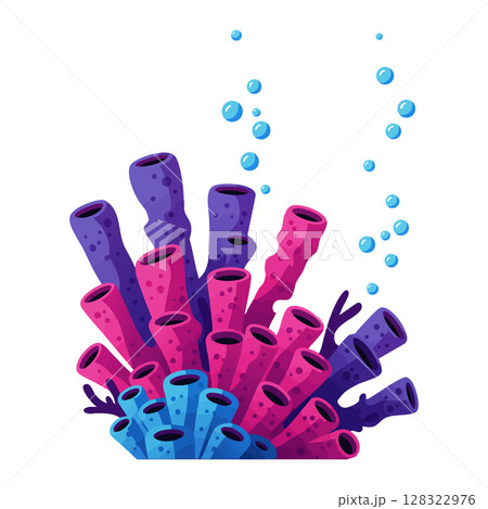Colorful underwater coral reef tube sponges with rising bubbles vector illustration 128322976