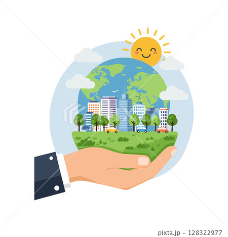 Hand Holding Earth with Cityscape Trees Cars and Smiling Sun in Blue Sky Vector Illustration 128322977