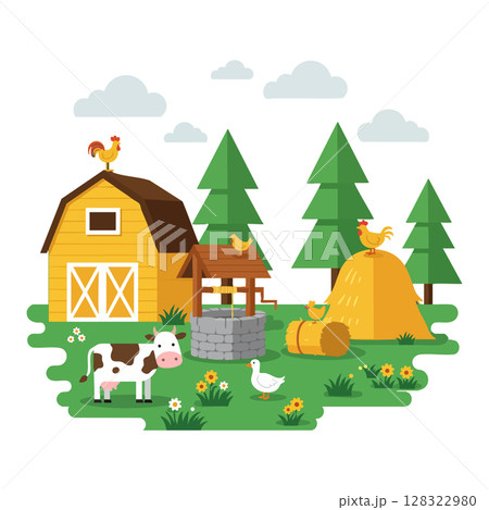 Farmyard scene with yellow barn, animals, haystack, and pine trees vector illustration 128322980