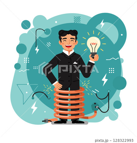Inventor holding glowing light bulb with coil wire and electricity illustration vector image Inventor holding glowing light bulb with coil wire and electricity illustration vector image 128322993
