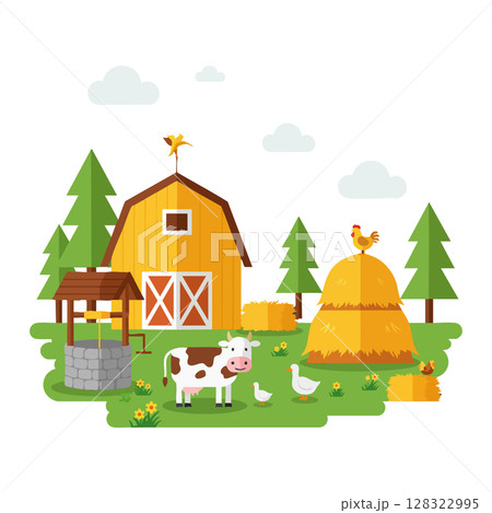 Farmyard scene with barn cow haystack well and trees in rural landscape vector illustration 128322995