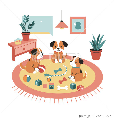Three playful puppies with toys on round carpet in cozy living room interior vector illustration 128322997