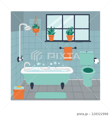 Bathroom interior with bathtub toilet plants and orange towel in modern style vector illustration 128322998