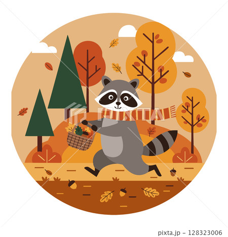 Raccoon walking with basket in autumn forest with orange and brown trees vector illustration 128323006