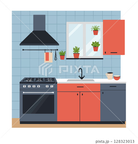 Modern kitchen interior with stove sink cabinets and window plants vector illustration Modern kitchen interior with stove sink cabinets and window plants vector illustration 128323013