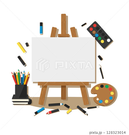 Blank canvas and art supplies with wooden easel and colorful pencils vector illustration Blank canvas and art supplies with wooden easel and colorful pencils vector illustration 128323014