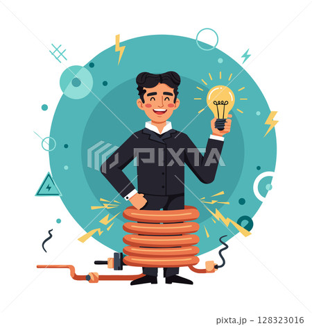Man holding light bulb surrounded by coil and electric symbols creative idea vector illustration 128323016