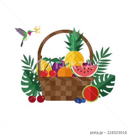 Basket of tropical fruits with pineapple watermelon cherries and hummingbird vector illustration Basket of tropical fruits with pineapple watermelon cherries and hummingbird vector illustration 128323018