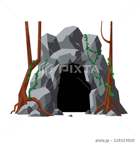 Rocky cave entrance with green vines and tree roots natural forest scene vector 128323020