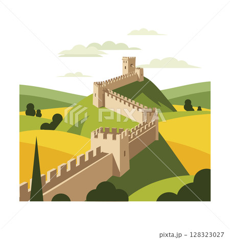 Great Wall of China landscape with hills and vegetation in green and yellow colors vector illustration 128323027