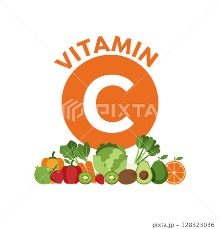 Vitamin C sources with orange and green fruits and vegetables vector illustration 128323036