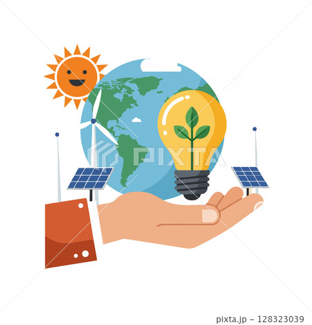 Renewable energy sources with earth globe solar panels and light bulb icon vector illustration Renewable energy sources with earth globe solar panels and light bulb icon vector illustration 128323039