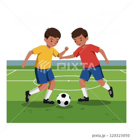 Boys Playing Soccer on Green Field in Sunny Outdoor Sports Scene Vector Illustration 128323050