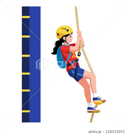 Girl Climbing Rope in Safety Helmet and Harness for Outdoor Adventure Activity 128323051