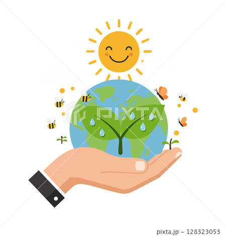 Earth with green leaves and smiling sun environmental protection concept vector illustration 128323053