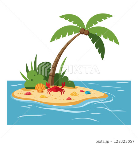 Tropical island with palm tree crab shells and ocean waves vector illustration 128323057