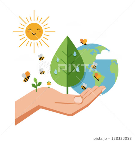 Hand Holding Green Leaf Earth Globe Bees and Sun Vector Illustration for Environmental Care and Nature Protection 128323058