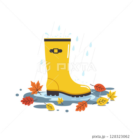Yellow Rain Boot with Autumn Leaves and Raindrops Vector Illustration Yellow Rain Boot with Autumn Leaves and Raindrops Vector Illustration 128323062