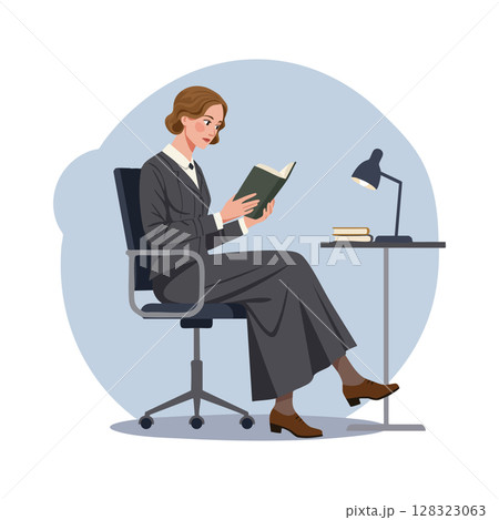 Woman Reading Book on Office Chair at Desk with Lamp and Books Vector Illustration 128323063