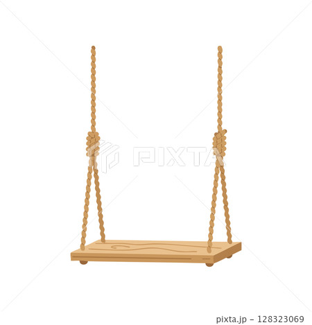 Wooden swing with rope hanging simple natural playground equipment vector illustration 128323069