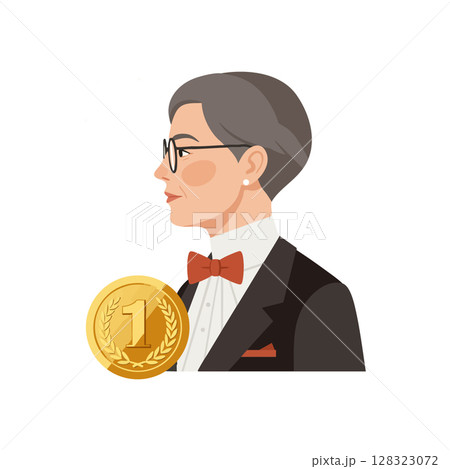 Elegant mature woman in tuxedo with bow tie holding gold medal vector illustration 128323072