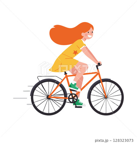Red haired girl riding orange bicycle with green shoes active lifestyle vector illustration 128323073